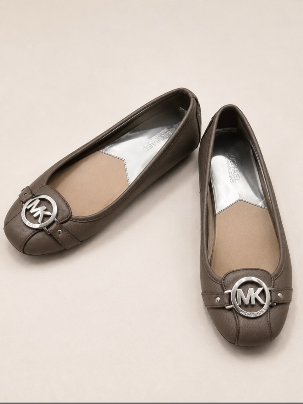 Michael Kors Taupe Leather Ballet Flats with Silver MK Accent